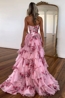 Blush Corset Ruffled Floral Print Long Formal Dress