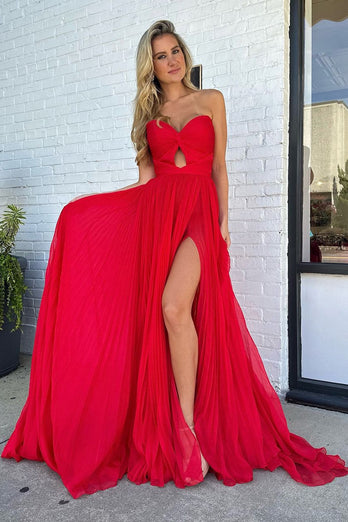 Red A-Line Strapless Pleated Keyhole Long Formal Dress with Slit