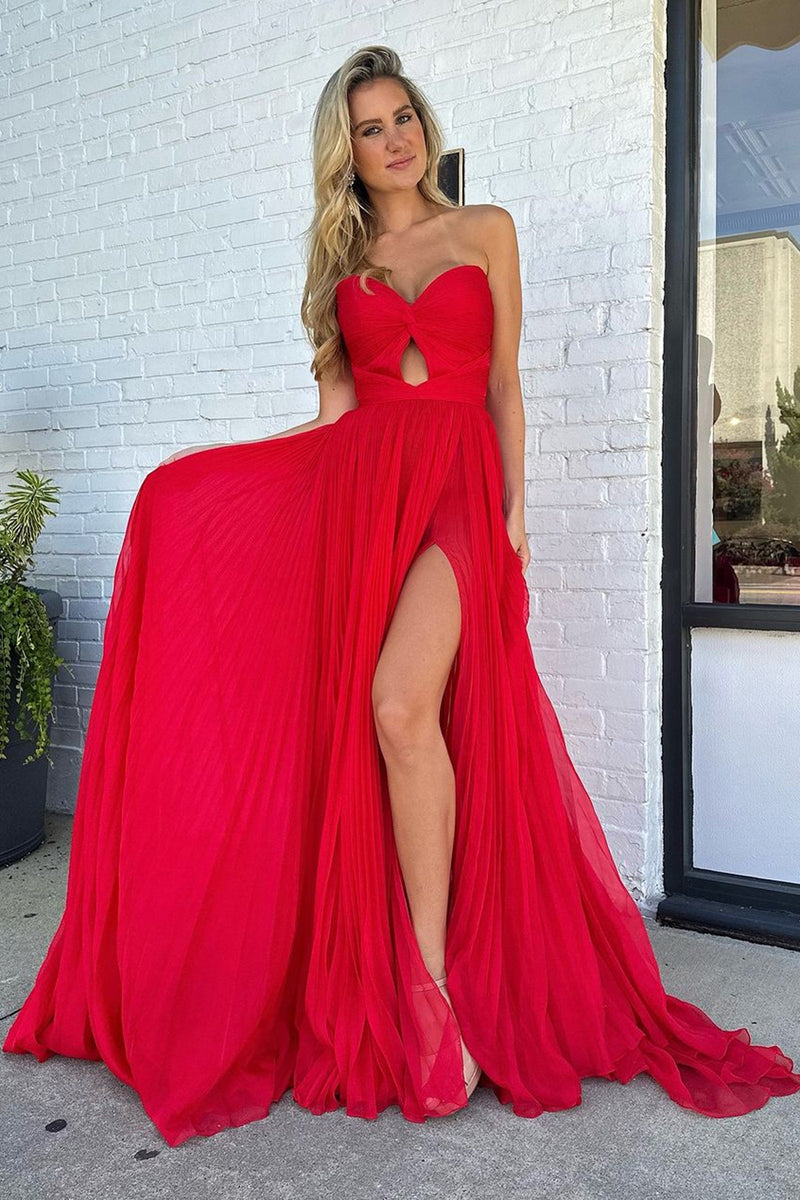 Load image into Gallery viewer, Red A-Line Strapless Pleated Keyhole Long Formal Dress with Slit