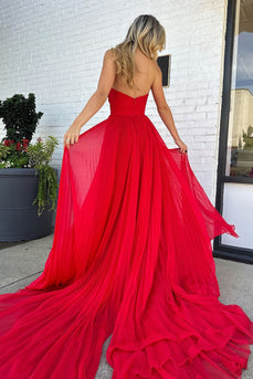 Red A-Line Strapless Pleated Keyhole Long Formal Dress with Slit