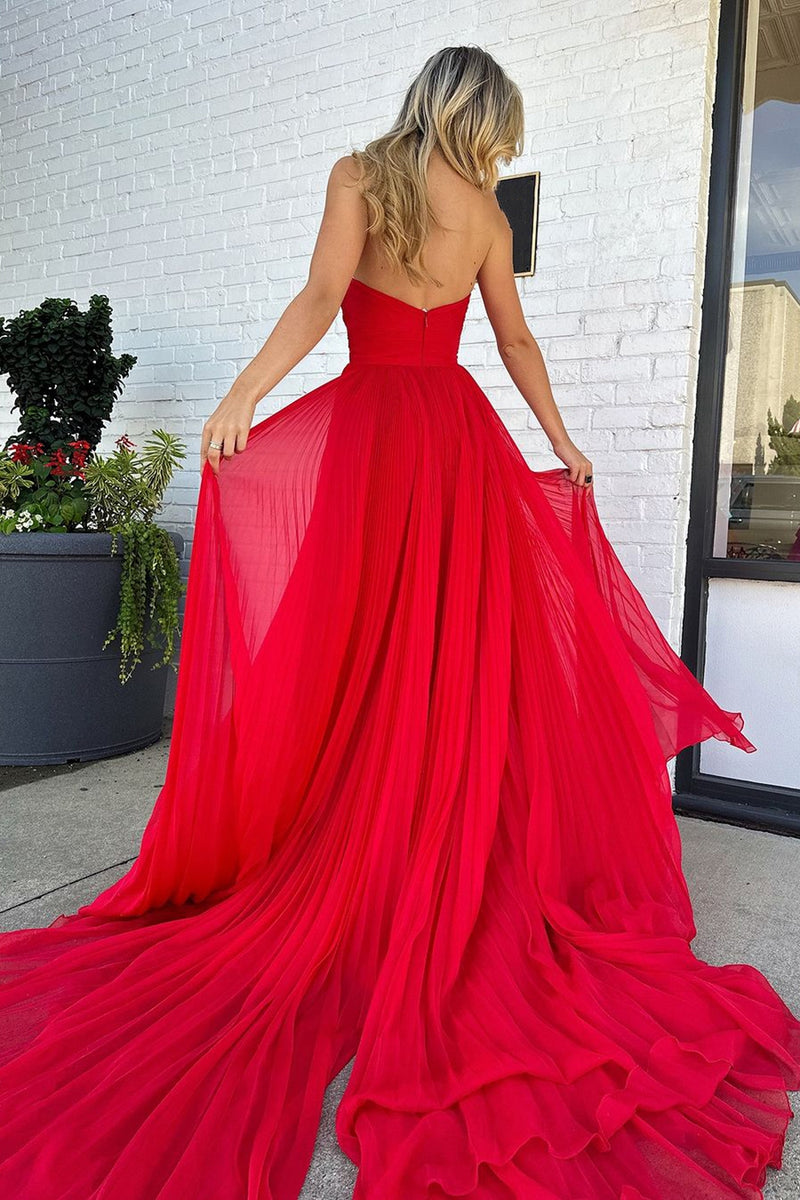 Load image into Gallery viewer, Red A-Line Strapless Pleated Keyhole Long Formal Dress with Slit