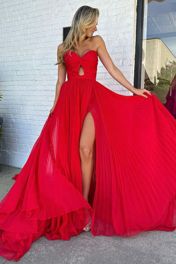 Red A-Line Strapless Pleated Keyhole Long Formal Dress with Slit