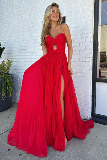 Red A-Line Strapless Pleated Keyhole Long Formal Dress with Slit