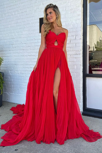 Red A-Line Strapless Pleated Keyhole Long Formal Dress with Slit