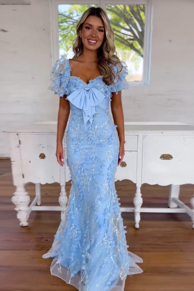 Load image into Gallery viewer, Sparkly Blue Mermaid Lace Puff Sleeves Long Formal Dress with Bows