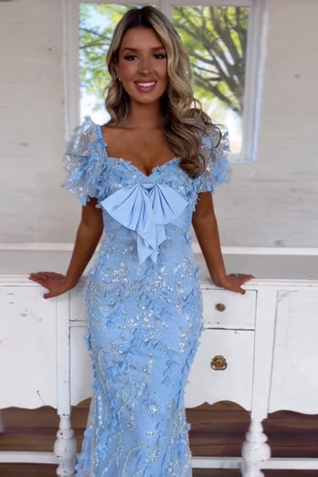 Sparkly Blue Mermaid Lace Puff Sleeves Long Formal Dress with Bows