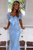 Load image into Gallery viewer, Sparkly Blue Mermaid Lace Puff Sleeves Long Formal Dress with Bows