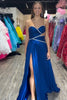 Load image into Gallery viewer, Glitter Royal Blue A-Line Pleated Long Formal Dress with Slit