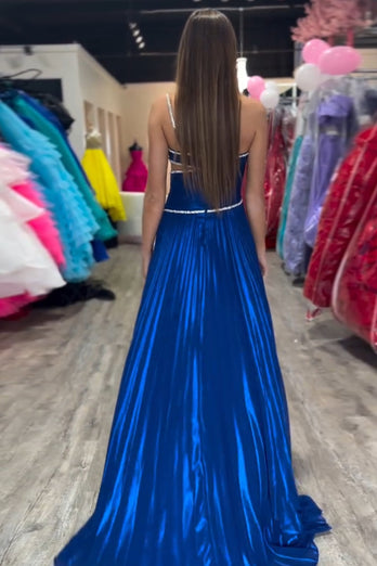 Glitter Royal Blue A-Line Pleated Long Formal Dress with Slit