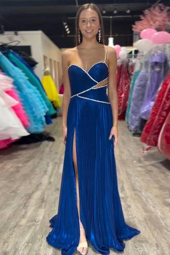 Glitter Royal Blue A-Line Pleated Long Formal Dress with Slit