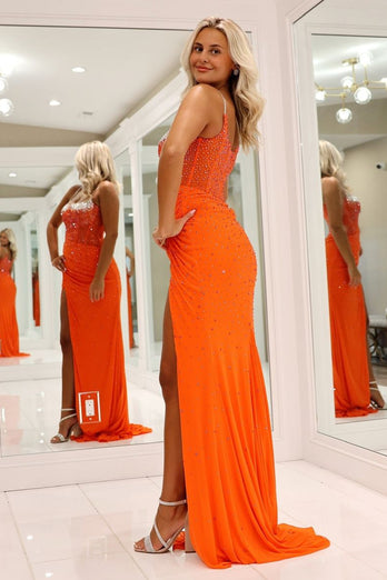 Sparkly Orange Mermaid Corset Beaded Long Formal Dress with Slit