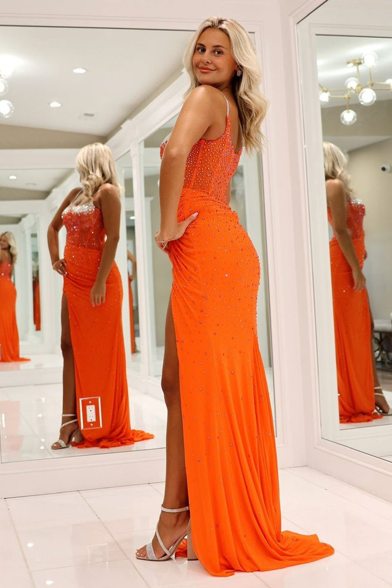 Load image into Gallery viewer, Sparkly Orange Mermaid Corset Beaded Long Formal Dress with Slit