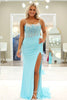 Load image into Gallery viewer, Sparkly Dark Green Scoop Neck Beaded Long Formal Dress with Slit