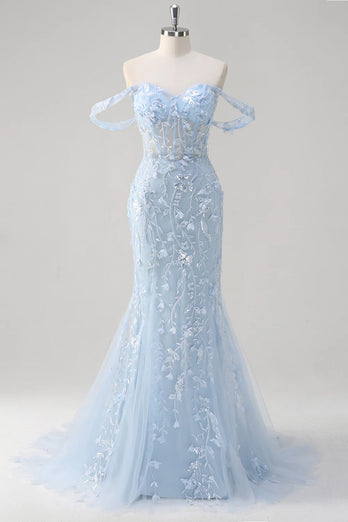 Floral Blue Mermaid Corset Sequin Long Formal Dress