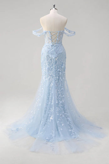 Floral Blue Mermaid Corset Sequin Long Formal Dress