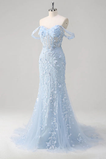 Floral Blue Mermaid Corset Sequin Long Formal Dress