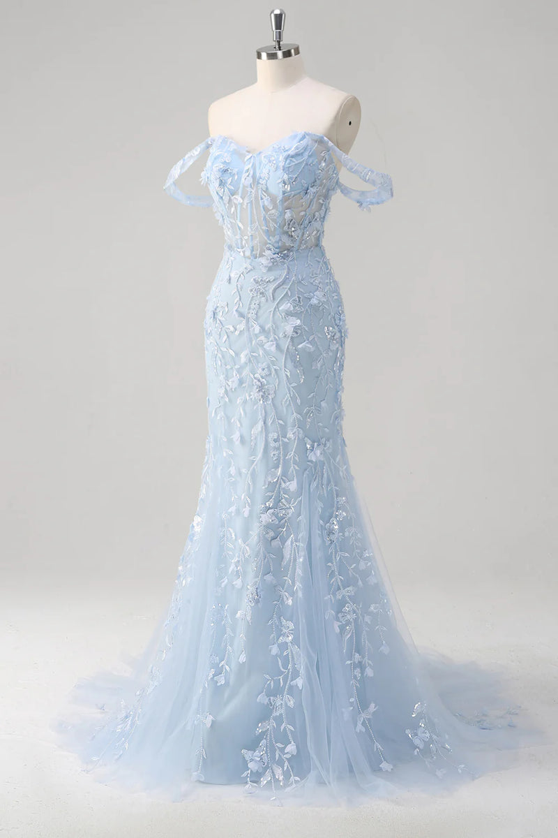 Load image into Gallery viewer, Floral Blue Mermaid Corset Sequin Long Formal Dress