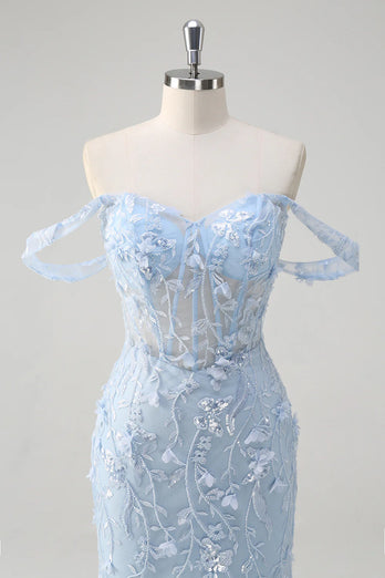 Floral Blue Mermaid Corset Sequin Long Formal Dress