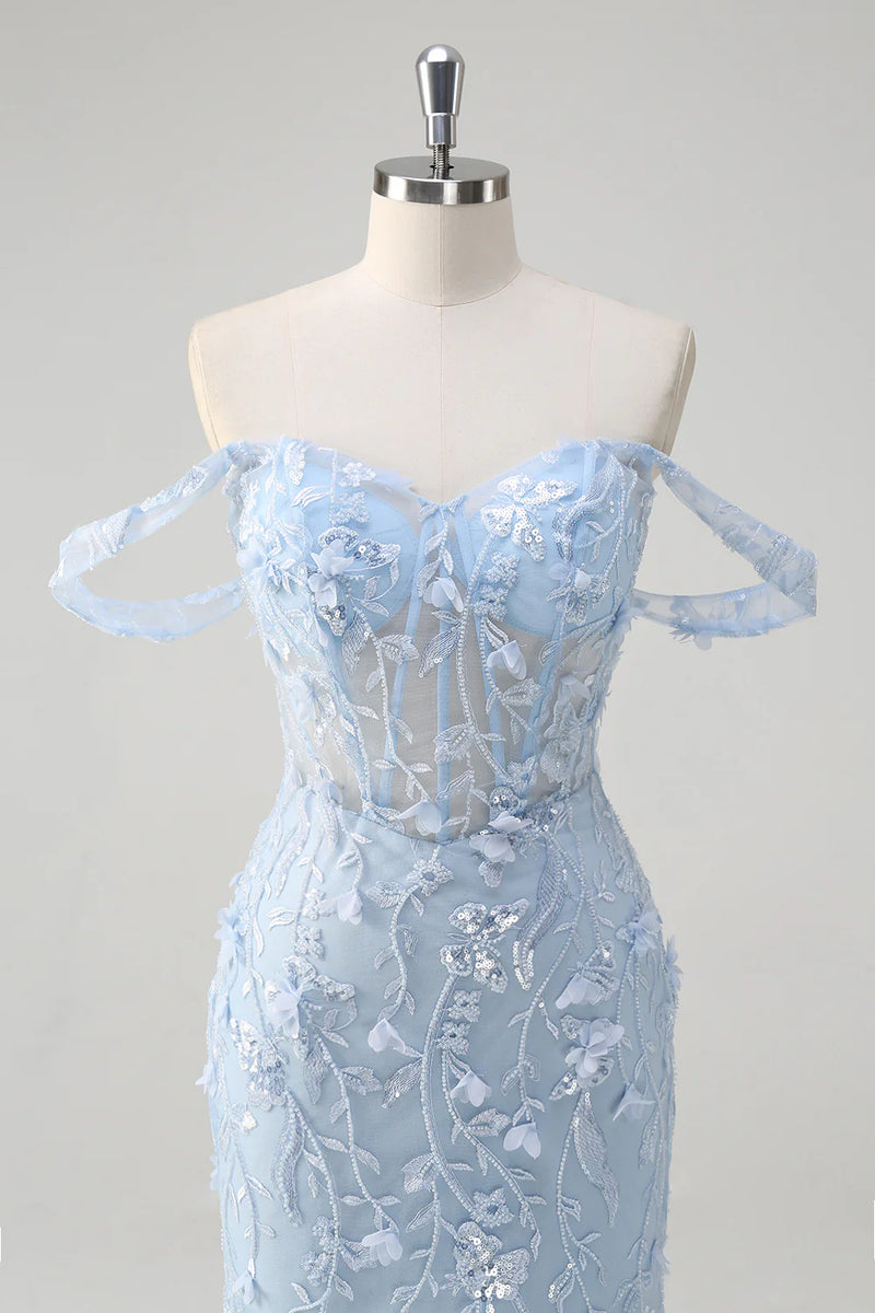 Load image into Gallery viewer, Floral Blue Mermaid Corset Sequin Long Formal Dress