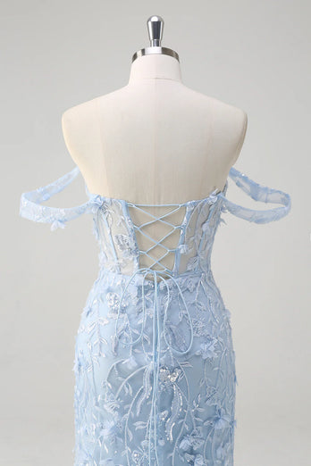 Floral Blue Mermaid Corset Sequin Long Formal Dress