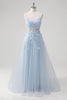 Load image into Gallery viewer, Blue A Line Appliqued Corset Long Formal Dress with Tulle