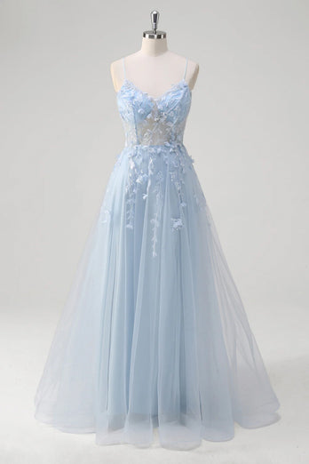 Blue A Line Appliqued Corset Long Formal Dress with Tulle