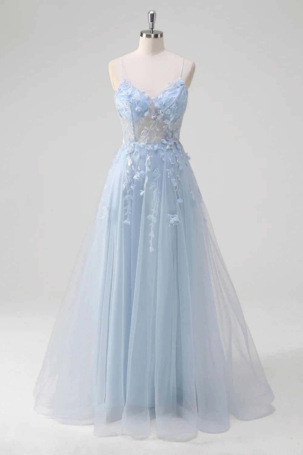 Blue A Line Appliqued Corset Long Formal Dress with Tulle