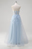 Load image into Gallery viewer, Blue A Line Appliqued Corset Long Formal Dress with Tulle