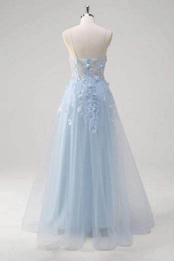 Blue A Line Appliqued Corset Long Formal Dress with Tulle