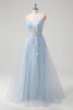 Load image into Gallery viewer, Blue A Line Appliqued Corset Long Formal Dress with Tulle