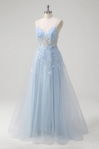 Blue A Line Appliqued Corset Long Formal Dress with Tulle