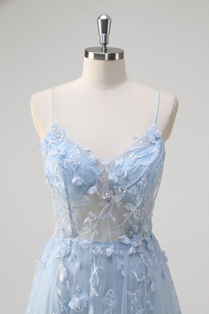 Load image into Gallery viewer, Blue A Line Appliqued Corset Long Formal Dress with Tulle