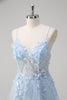 Load image into Gallery viewer, Blue A Line Appliqued Corset Long Formal Dress with Tulle