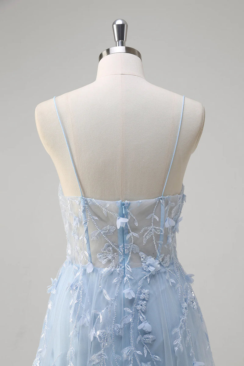 Load image into Gallery viewer, Blue A Line Appliqued Corset Long Formal Dress with Tulle