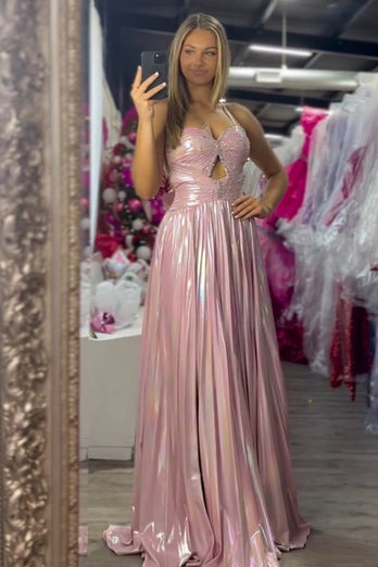 Metallic Blush Spaghetti Straps A Line Long Formal Dress with Slit