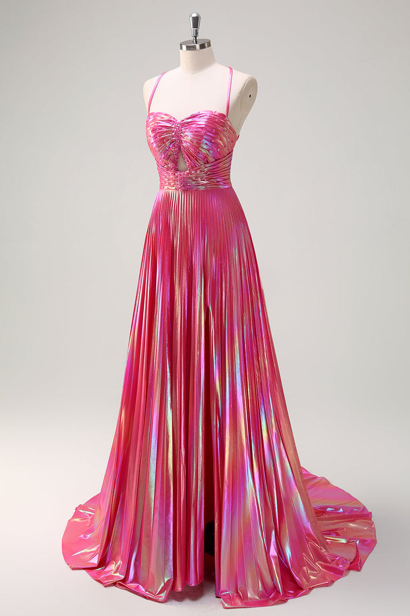 Load image into Gallery viewer, Metallic Blush Spaghetti Straps A Line Long Formal Dress with Slit