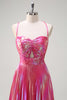 Load image into Gallery viewer, Metallic Blush Spaghetti Straps A Line Long Formal Dress with Slit