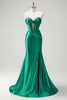 Load image into Gallery viewer, Sparkly Dark Green Corset Beaded Long Satin Formal Dress with Slit