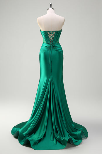 Sparkly Dark Green Corset Beaded Long Satin Formal Dress with Slit