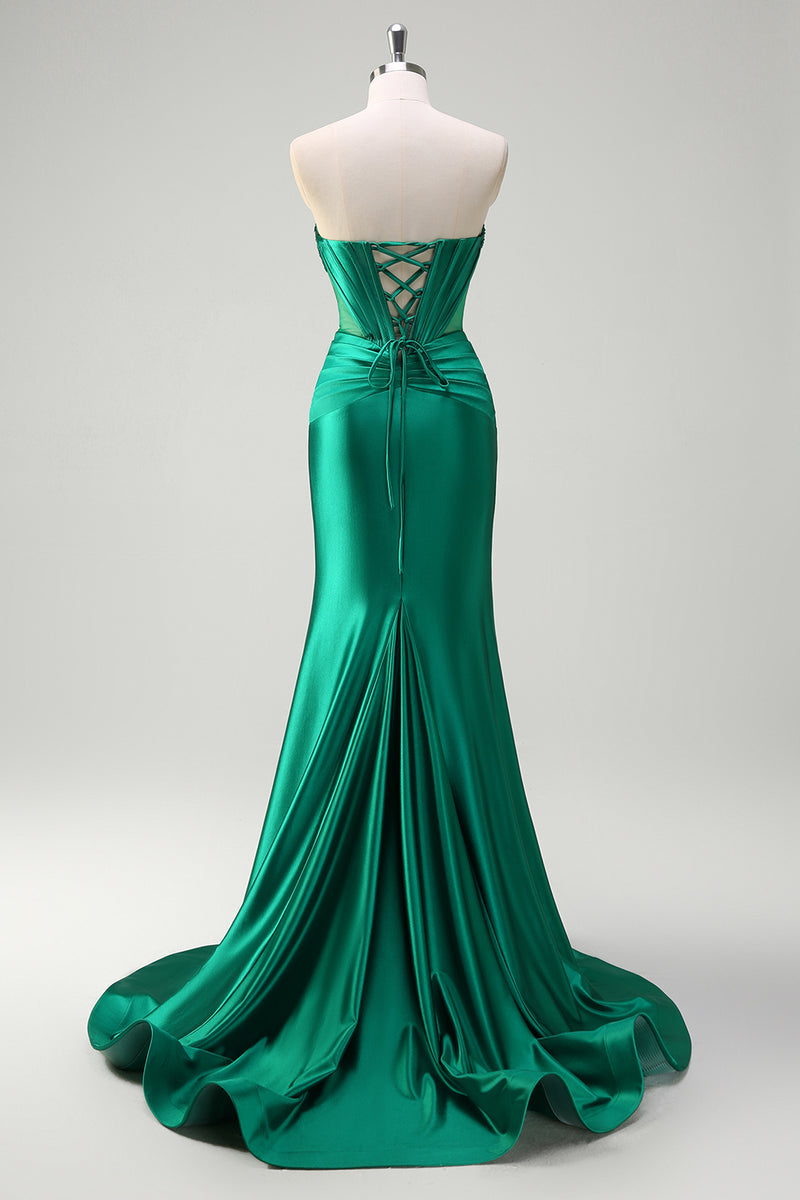 Load image into Gallery viewer, Sparkly Dark Green Corset Beaded Long Satin Formal Dress with Slit