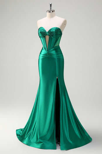 Sparkly Dark Green Corset Beaded Long Satin Formal Dress with Slit