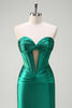 Load image into Gallery viewer, Sparkly Dark Green Corset Beaded Long Satin Formal Dress with Slit