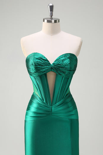 Sparkly Dark Green Corset Beaded Long Satin Formal Dress with Slit