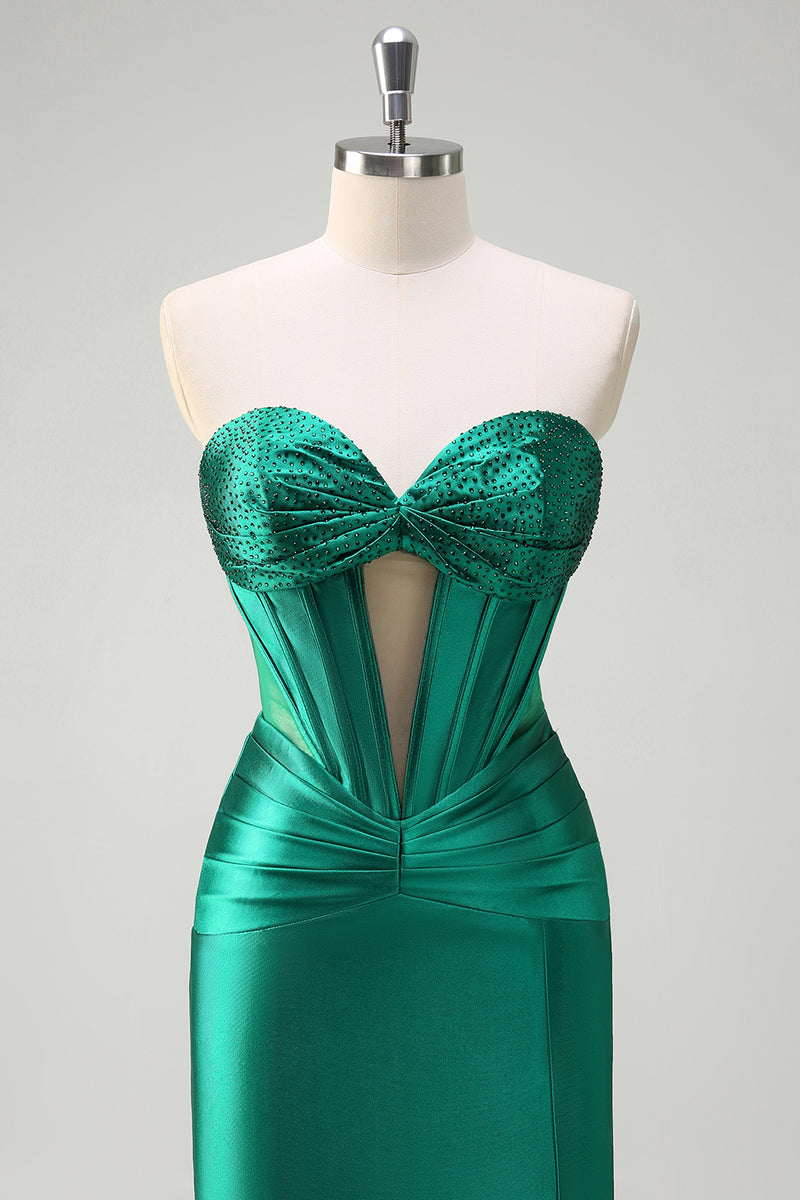 Load image into Gallery viewer, Sparkly Dark Green Corset Beaded Long Satin Formal Dress with Slit