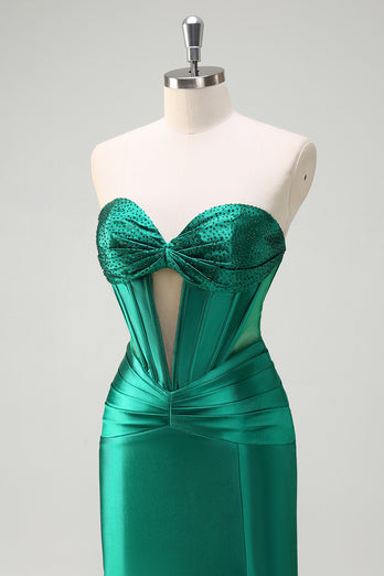 Sparkly Dark Green Corset Beaded Long Satin Formal Dress with Slit