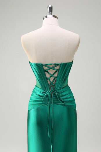 Sparkly Dark Green Corset Beaded Long Satin Formal Dress with Slit