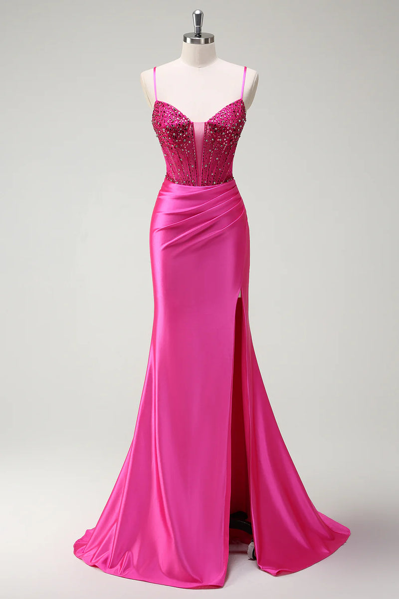 Load image into Gallery viewer, Sparkly Fuchsia Beaded Corset Satin Long Formal Dress with Slit