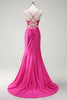 Load image into Gallery viewer, Sparkly Fuchsia Beaded Corset Satin Long Formal Dress with Slit