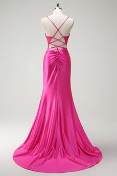 Sparkly Fuchsia Beaded Corset Satin Long Formal Dress with Slit