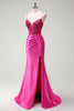 Load image into Gallery viewer, Sparkly Fuchsia Beaded Corset Satin Long Formal Dress with Slit